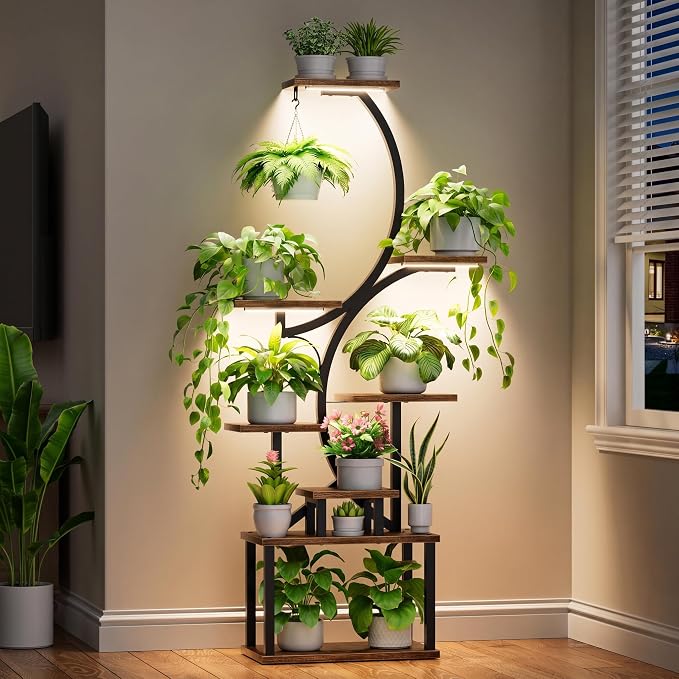 BACEKOLL Plant Stand Indoor with Grow Light, 8 Tier Corner Plant Shelf Tall