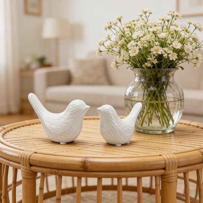 Small Ceramic Birds Statues for Home Decor, Boho Style, Glazed White, 2PCS