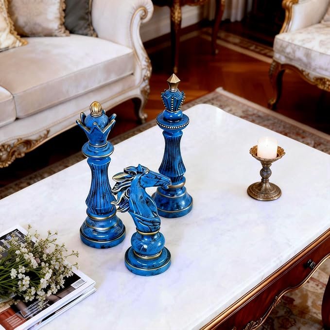 Large Chess Pieces Statue Decor, 3-Piece Knight, King and Queen