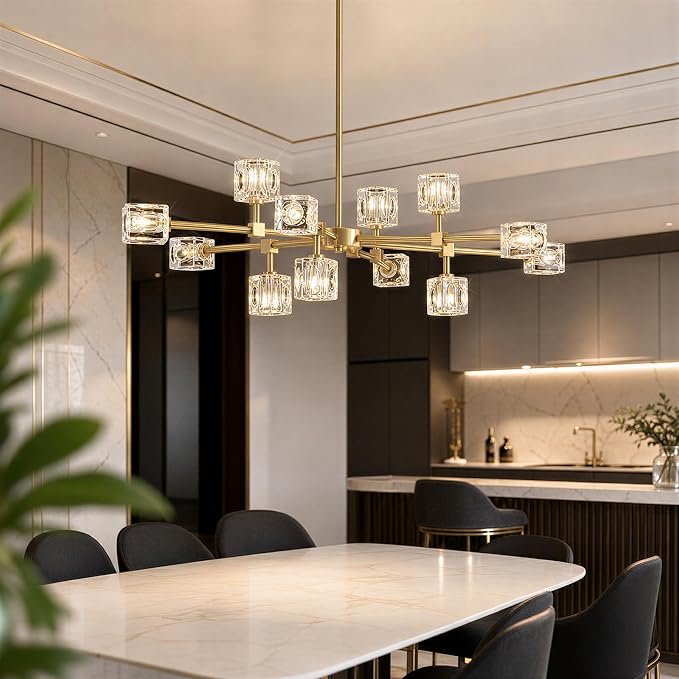 Sputnik Crystal Chandelier with 12-Light,Gold Dining Room Light Fixture