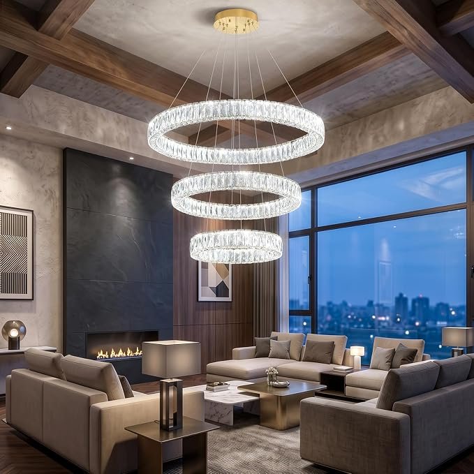 Modern Glam Chandelier Crystal LED Remote Rings Chandelier Adjustable Hanging Ceilings Pendant Lights Fixture Gold 16"+24"+32" Rings Lighting