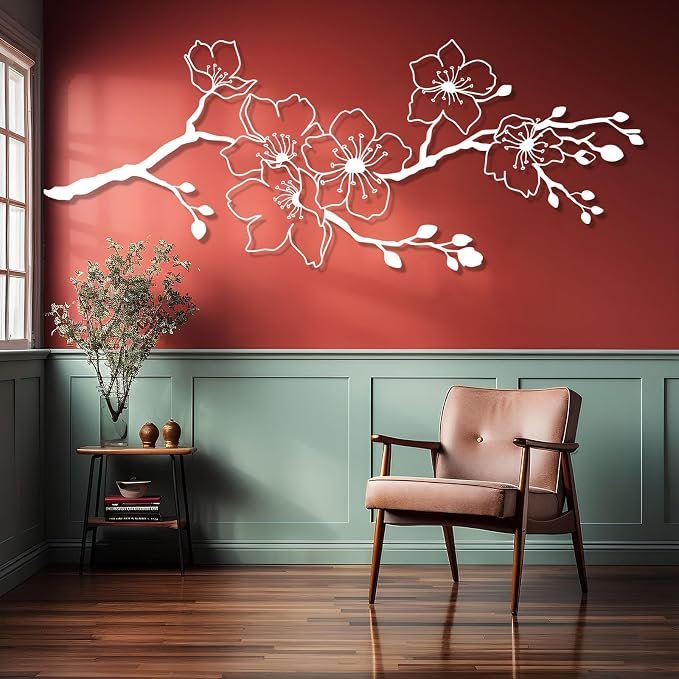 Sakura Metal Wall Art, Flowers Wall Decor, Sakura Metal Wall Hanging, Large Cherry Blossom Sign, Japanese Wall Art, Nature Floral Artwork, Above Bed Wall Decor (Gold, 9"x24"|23x60cm)